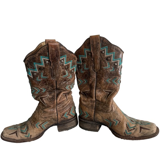 Corral Womens Brown Cowgirl Boots Size 8 Turquoise Embroidery Western Aztec
